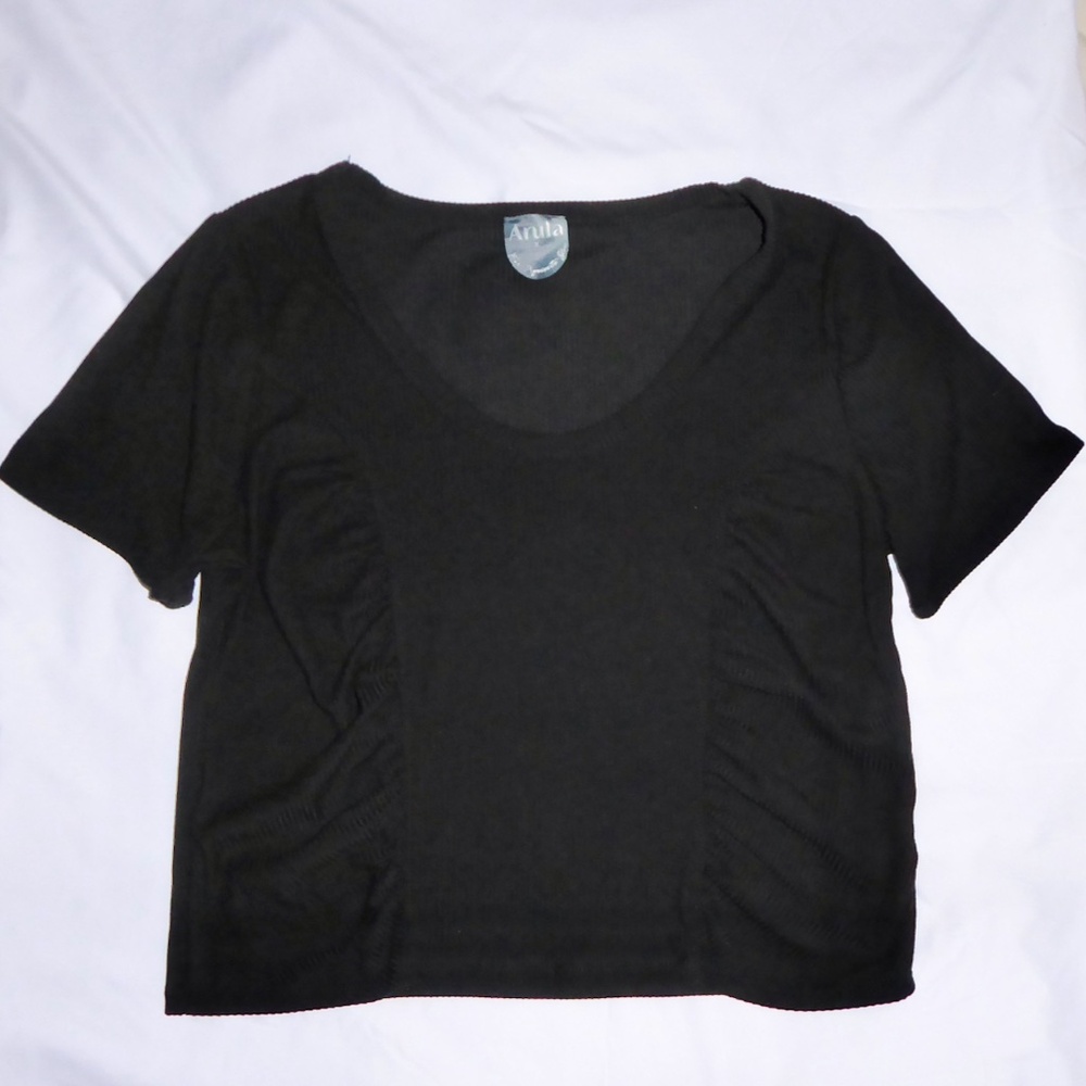 ARULA BLACK SHORT SLEEVE WOMENS TOP SCOOP NECK RIBBED RUCHED CROPPED X XL